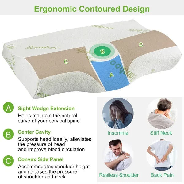 Bamboo Memory Foam Sleep Pillow Contoured Cervical Orthopedic Pillow Neck Breath Pillow